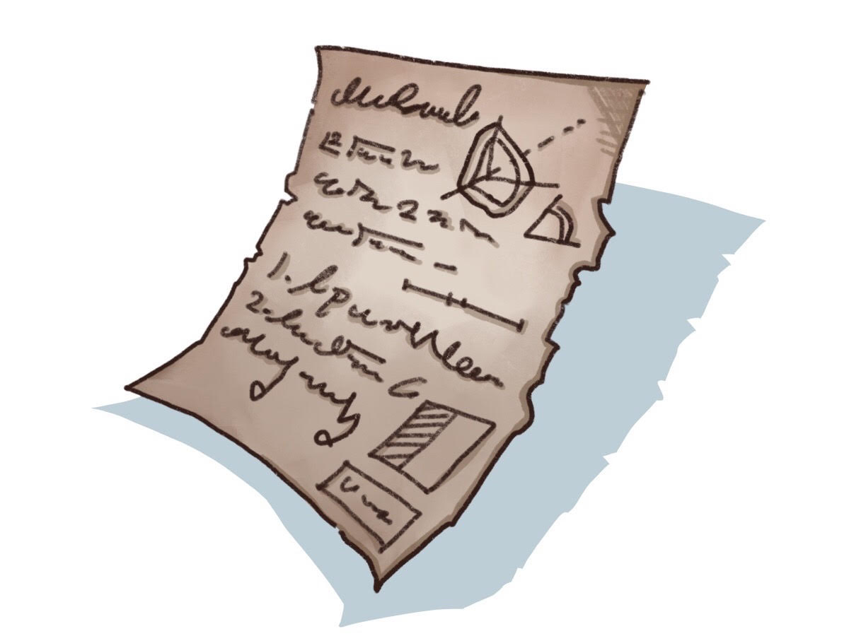 数学が書かれた古い手書きメモのイラスト