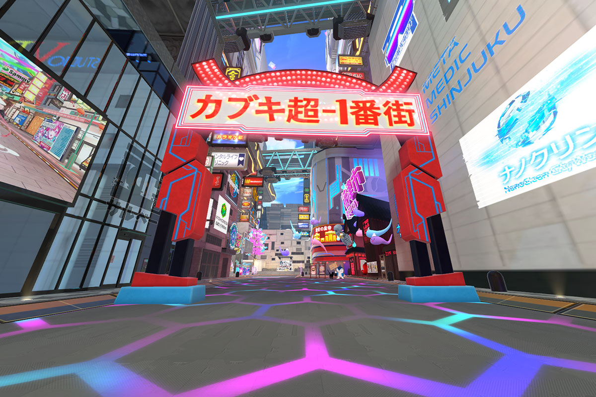 カブキ超-1番街のゲートと看板が立ち並ぶパラリアル新宿の全景
